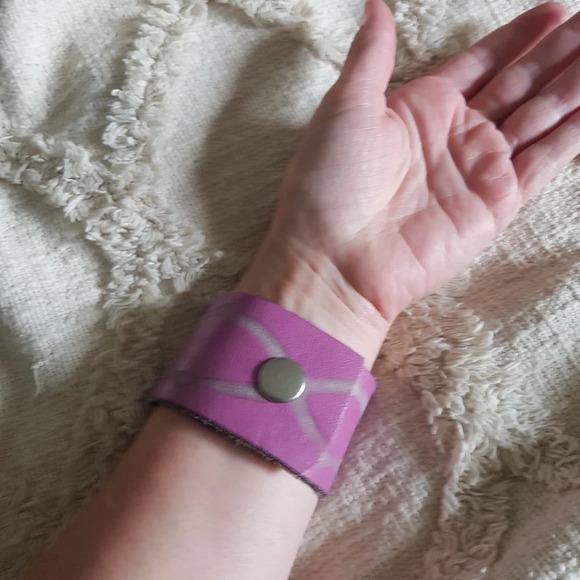 Lue Leather Cuff  9” Bracelet Snap Upcycled purple punk festival Whimsygoth - Picture 2 of 4